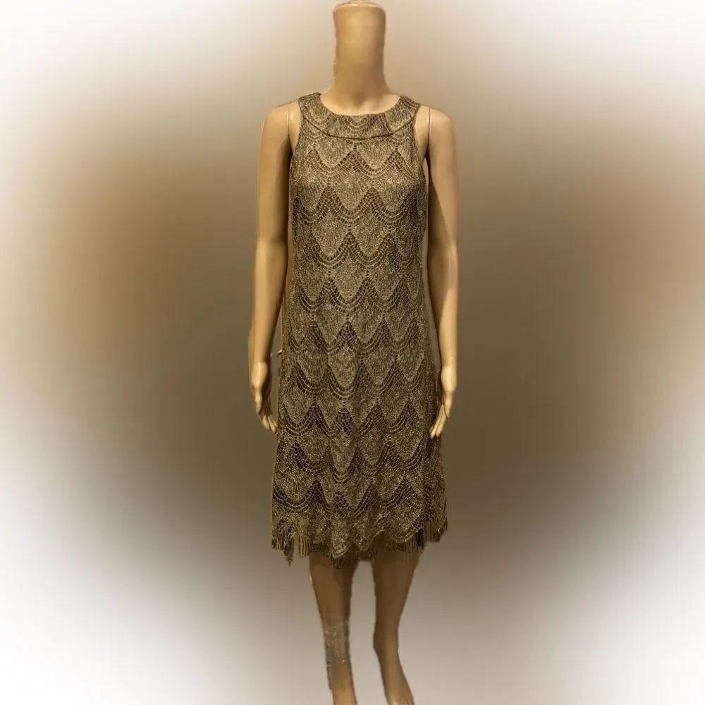 S.L. Fashions Gold Bronze Lace Metallic Shift Midi Sleeveless Dress Sz 12